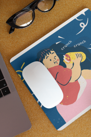 Crunch Crunch Foodie Cartoon Mouse Pad – Fun Design, Smooth Surface, Non-Slip Base, 9"x7"