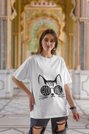 Good Vibes Cat Graphic Oversized T-Shirt – Polyester Fabric, Unisex Fit, White