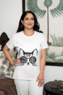 Good Vibes Cat Graphic Oversized T-Shirt – Polyester Fabric, Unisex Fit, White