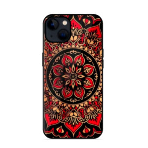 Red mandala ornamental pattern phone case with intricate ethnic floral design in black, red, and beige