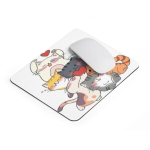 kawaii cartoon cat mouse pad with cute kittens holding hearts and anti slip rubber base