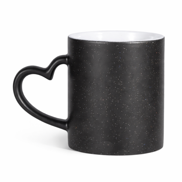 black sparkle heart handle magic mug